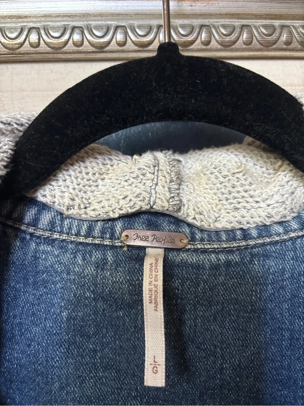 Free People denim jacket with knit hoodie in blue and gray - Picture 3 of 11
